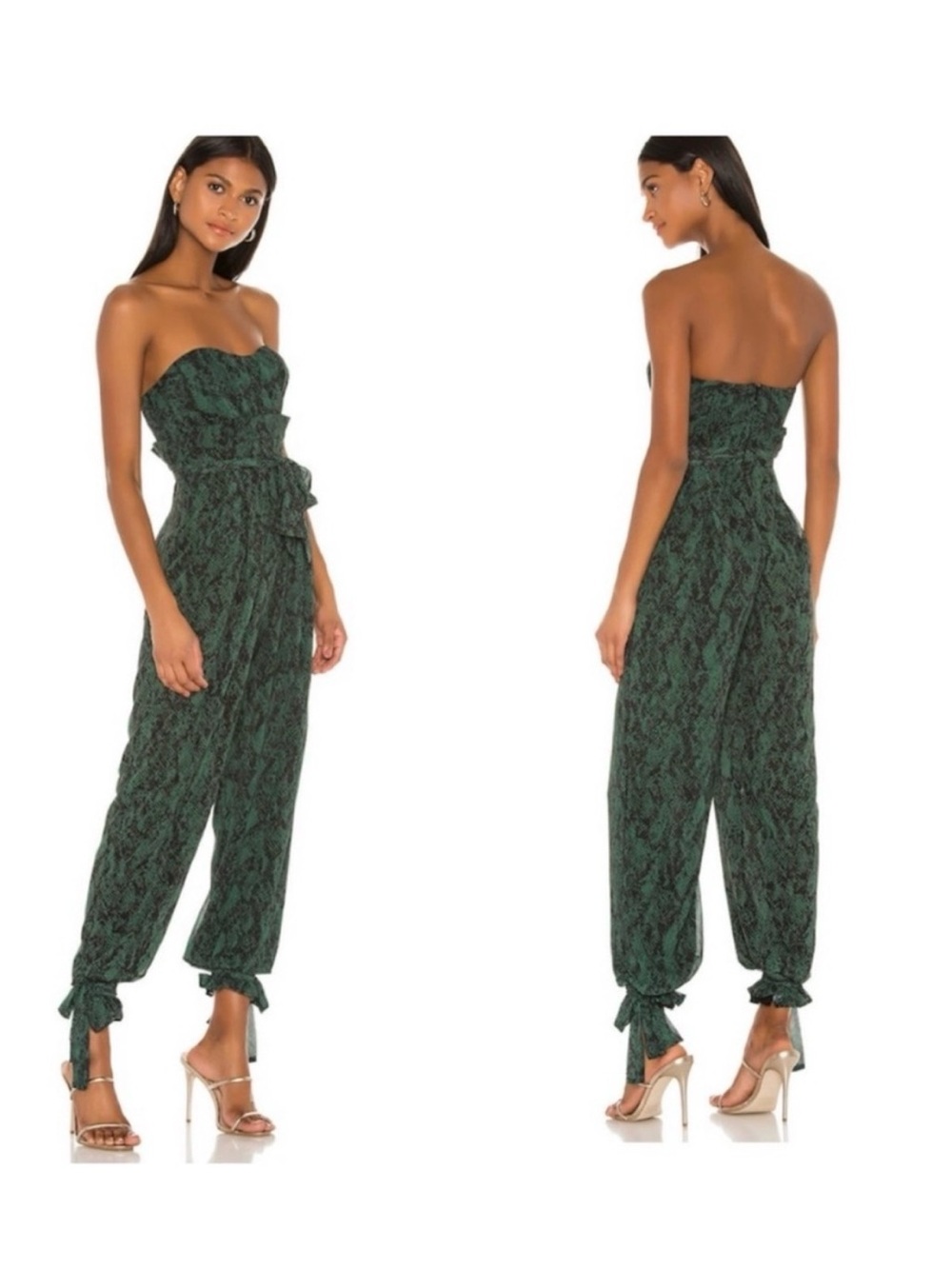Michael Costello Strapless Dark Green Printed Jumpsuit with Tie Ankles